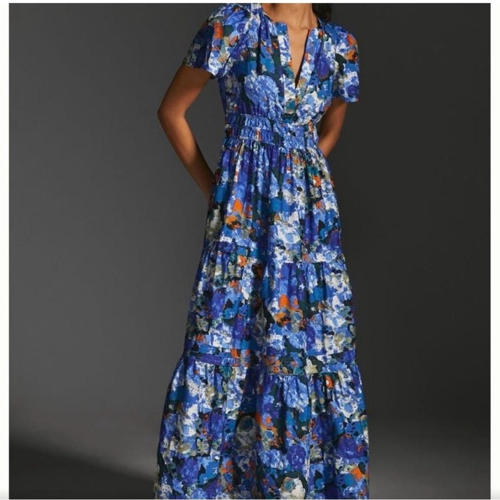 Anthropologie Blue Floral Maxi Dress